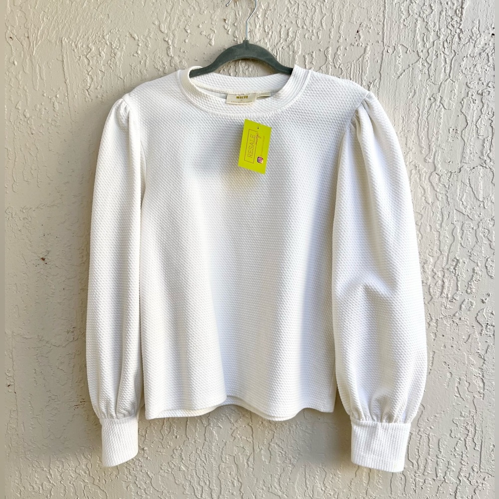 Maeve White Textured Puff-Sleeve Crewneck Sweater